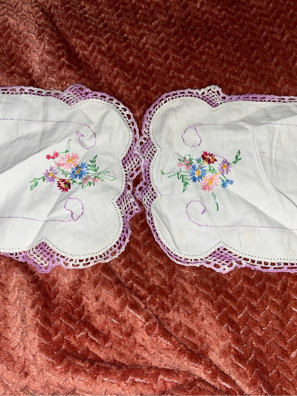 2 Vintage Embroidered Floral Doilies with Lavender Crochet Edge.
